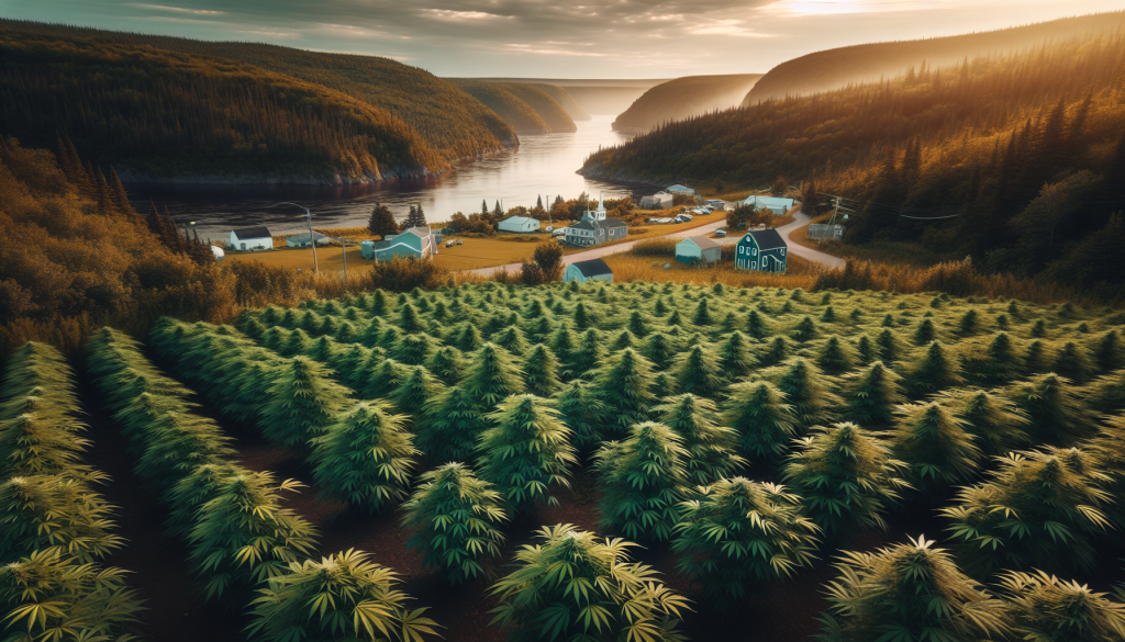 cannabis delivery in a field in the foreground with a scenic landscape of Newfoundland and Labrador in the background