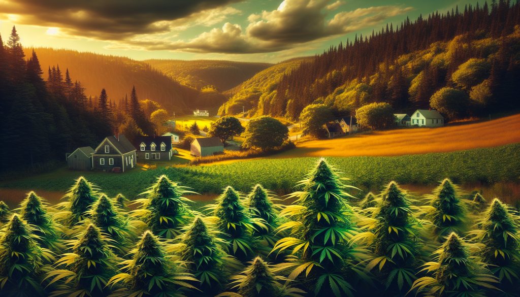 cannabis delivery in a field in the foreground with a scenic landscape of Nova Scotia in the background