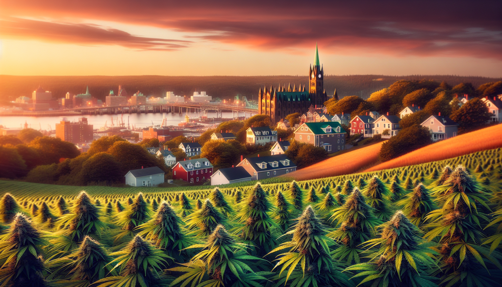 cannabis delivery in a field in the foreground with a scenic landscape of Nova Scotia in the background