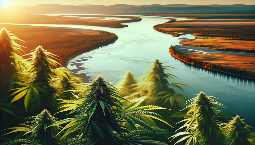 cannabis delivery in a field in the foreground with a scenic landscape of Northwest Territories in the background