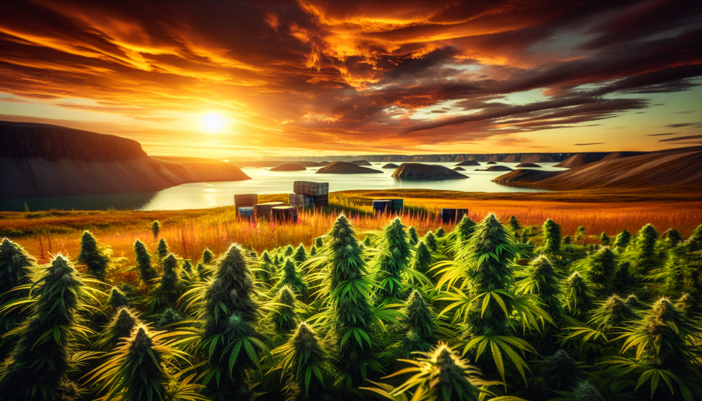 cannabis delivery in a field in the foreground with a scenic landscape of Nunavut in the background