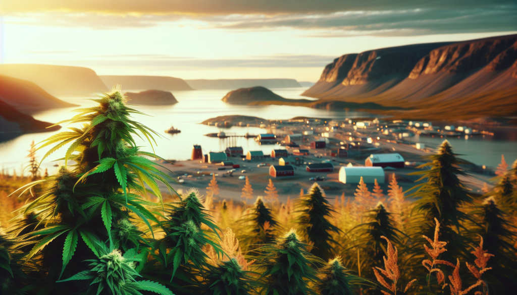 cannabis delivery in a field in the foreground with a scenic landscape of Nunavut in the background