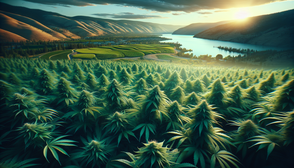 cannabis delivery in a field in the foreground with a scenic landscape of British Columbia in the background