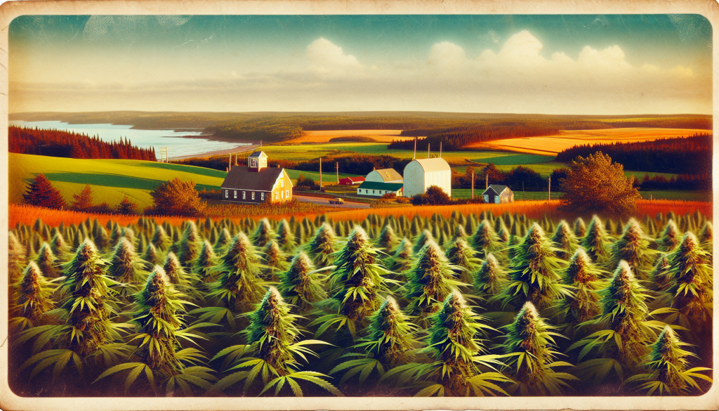 cannabis delivery in a field in the foreground with a scenic landscape of Prince Edward Island in the background