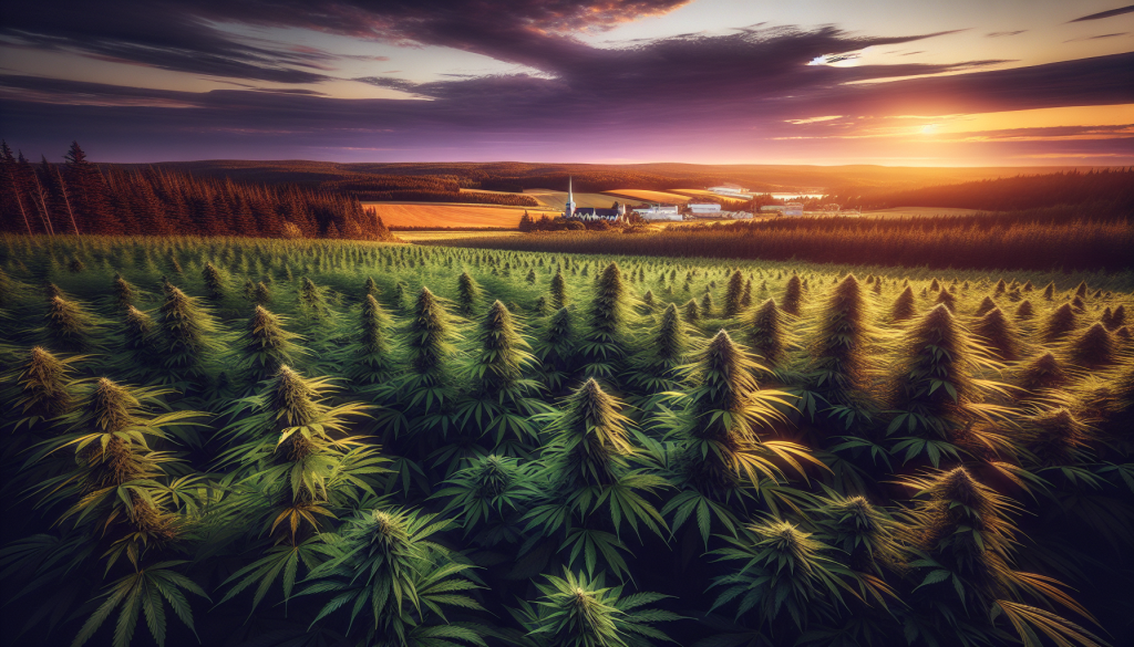cannabis delivery in a field in the foreground with a scenic landscape of Nova Scotia in the background