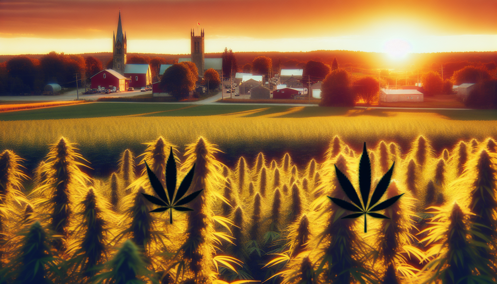 cannabis delivery in a field in the foreground with a scenic landscape of Ontario in the background