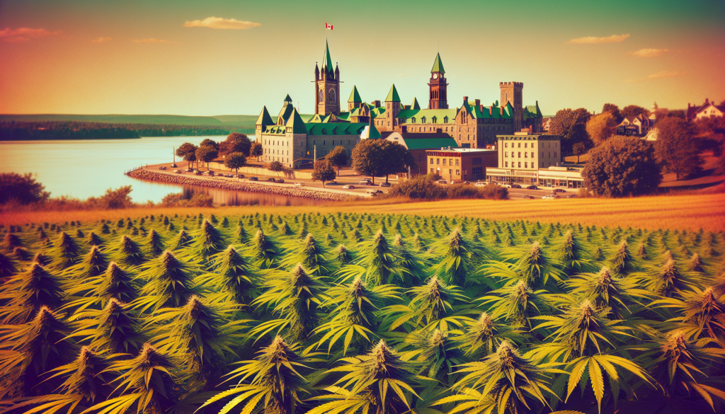 cannabis delivery in a field in the foreground with a scenic landscape of Ontario in the background