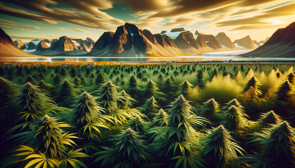 cannabis delivery in a field in the foreground with a scenic landscape of Nunavut in the background