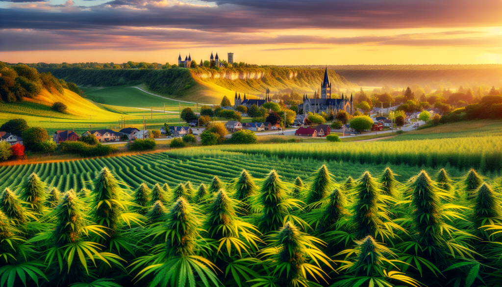 cannabis delivery in a field in the foreground with a scenic landscape of Ontario in the background