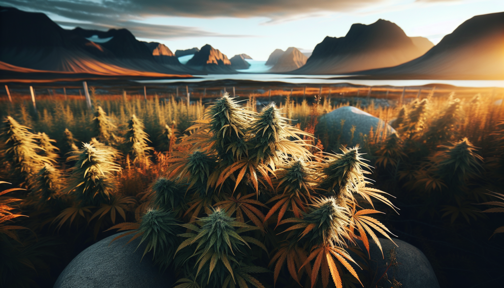cannabis delivery in a field in the foreground with a scenic landscape of Nunavut in the background