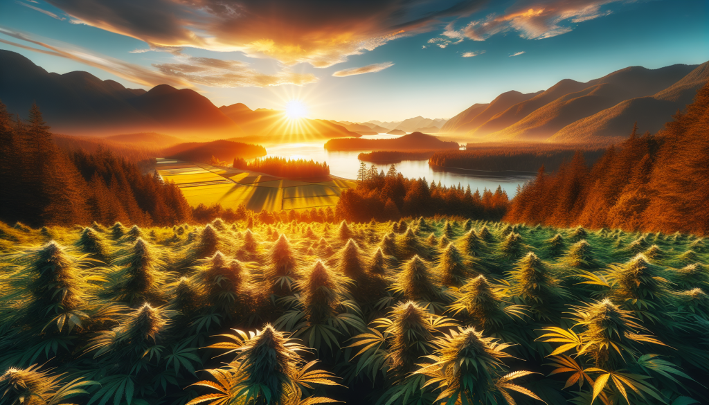 cannabis delivery in a field in the foreground with a scenic landscape of British Columbia in the background