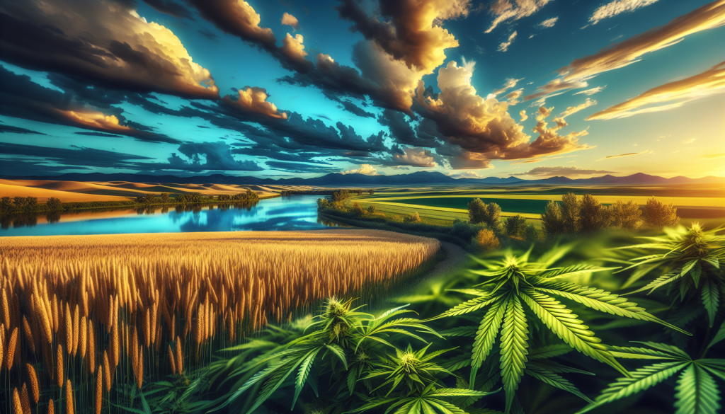 cannabis delivery in a field in the foreground with a scenic landscape of Alberta in the background