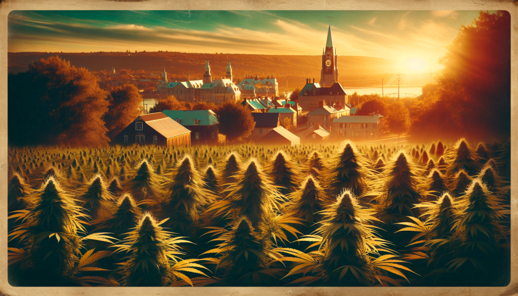 cannabis delivery in a field in the foreground with a scenic landscape of Quebec in the background