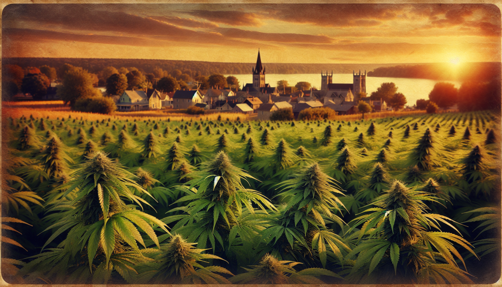 cannabis delivery in a field in the foreground with a scenic landscape of Ontario in the background