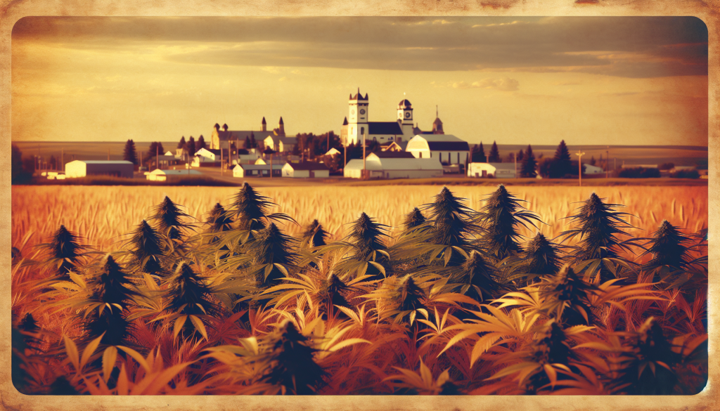 cannabis delivery in a field in the foreground with a scenic landscape of Saskatchewan in the background