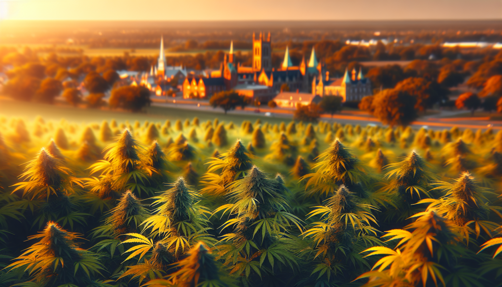 cannabis delivery in a field in the foreground with a scenic landscape of Ontario in the background