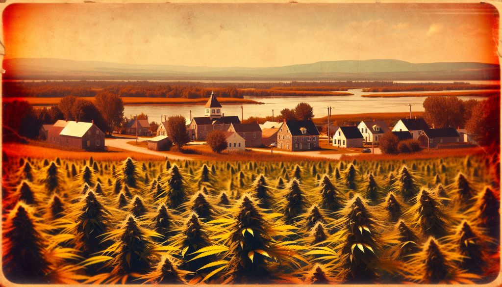 cannabis delivery in a field in the foreground with a scenic landscape of Quebec in the background