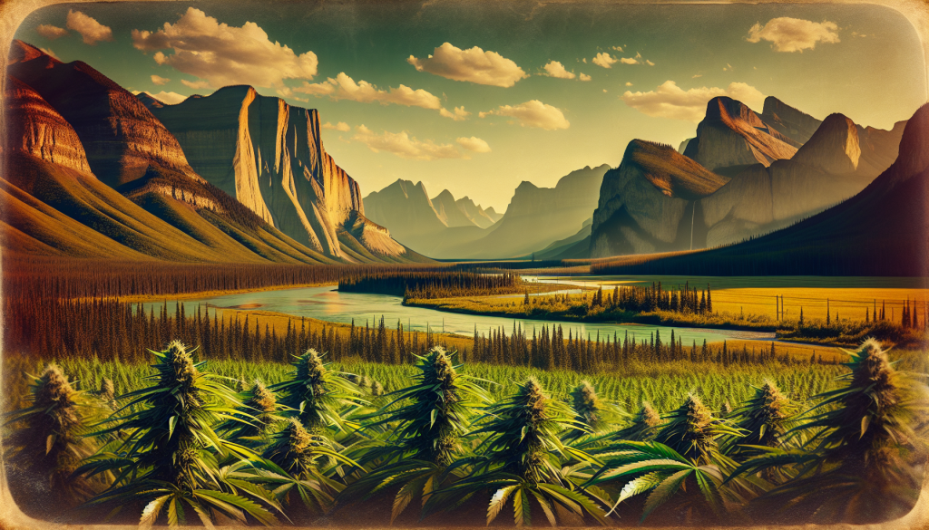 cannabis delivery in a field in the foreground with a scenic landscape of Manitoba in the background