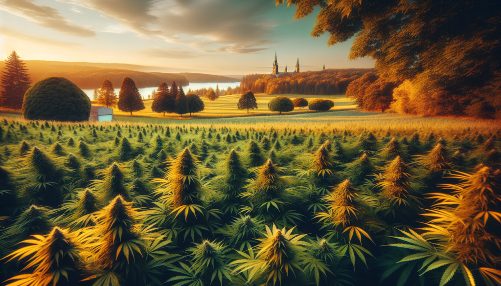 cannabis delivery in a field in the foreground with a scenic landscape of Ontario in the background