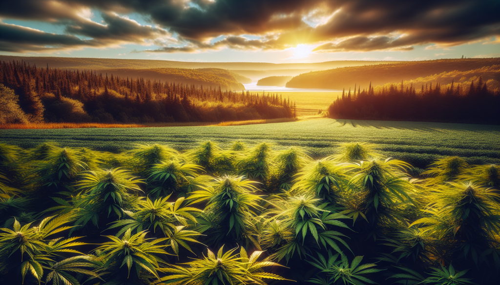 cannabis delivery in a field in the foreground with a scenic landscape of New Brunswick in the background