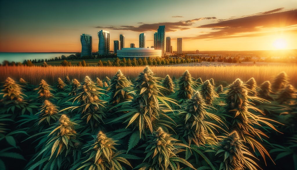 cannabis delivery in a field in the foreground with a scenic landscape of Ontario in the background