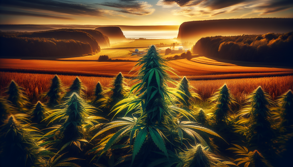 cannabis delivery in a field in the foreground with a scenic landscape of New Brunswick in the background