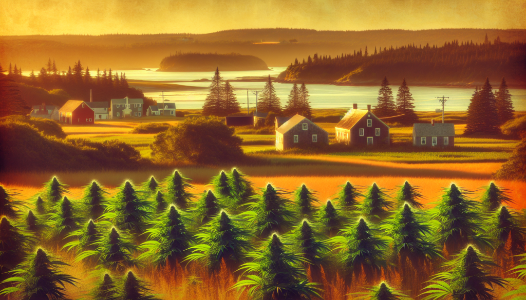 cannabis delivery in a field in the foreground with a scenic landscape of Prince Edward Island in the background