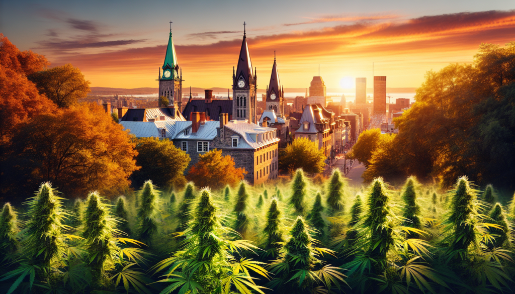 cannabis delivery in a field in the foreground with a scenic landscape of Quebec in the background