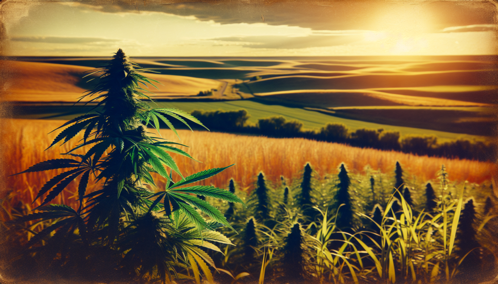 cannabis delivery in a field in the foreground with a scenic landscape of Saskatchewan in the background