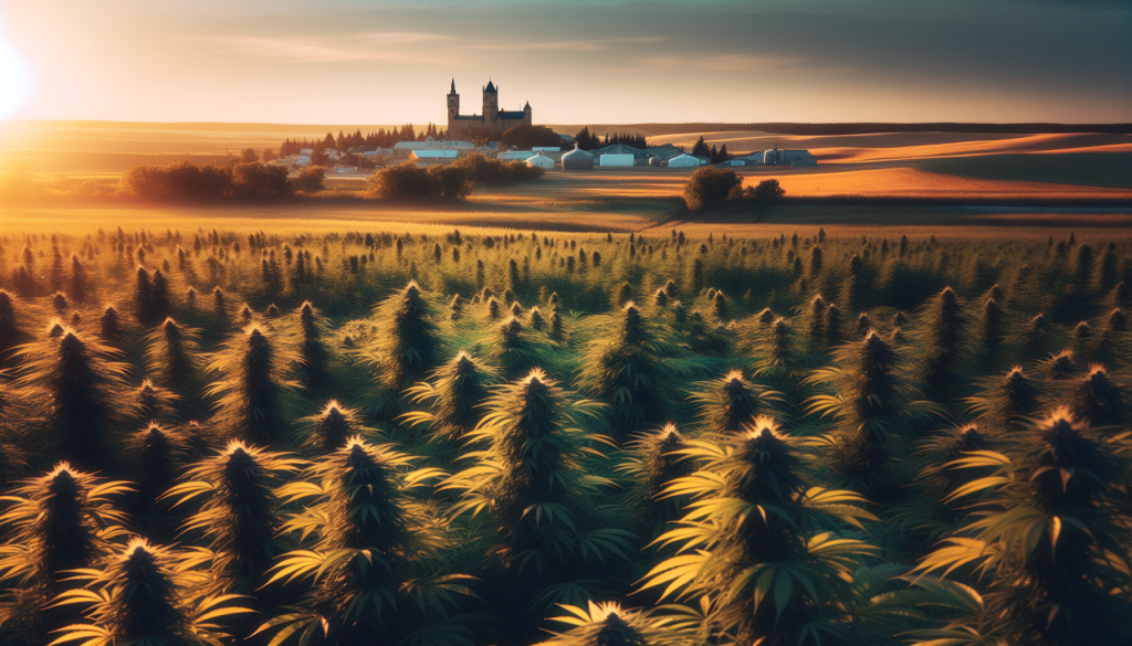 cannabis delivery in a field in the foreground with a scenic landscape of Manitoba in the background