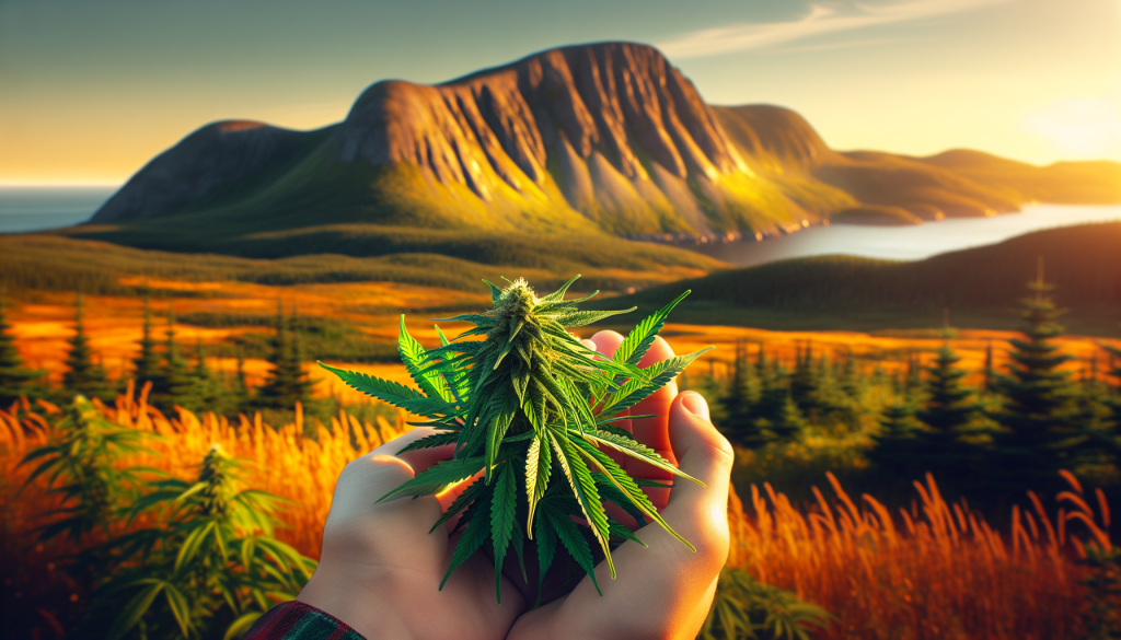 cannabis delivery in a field in the foreground with a scenic landscape of Newfoundland and Labrador in the background