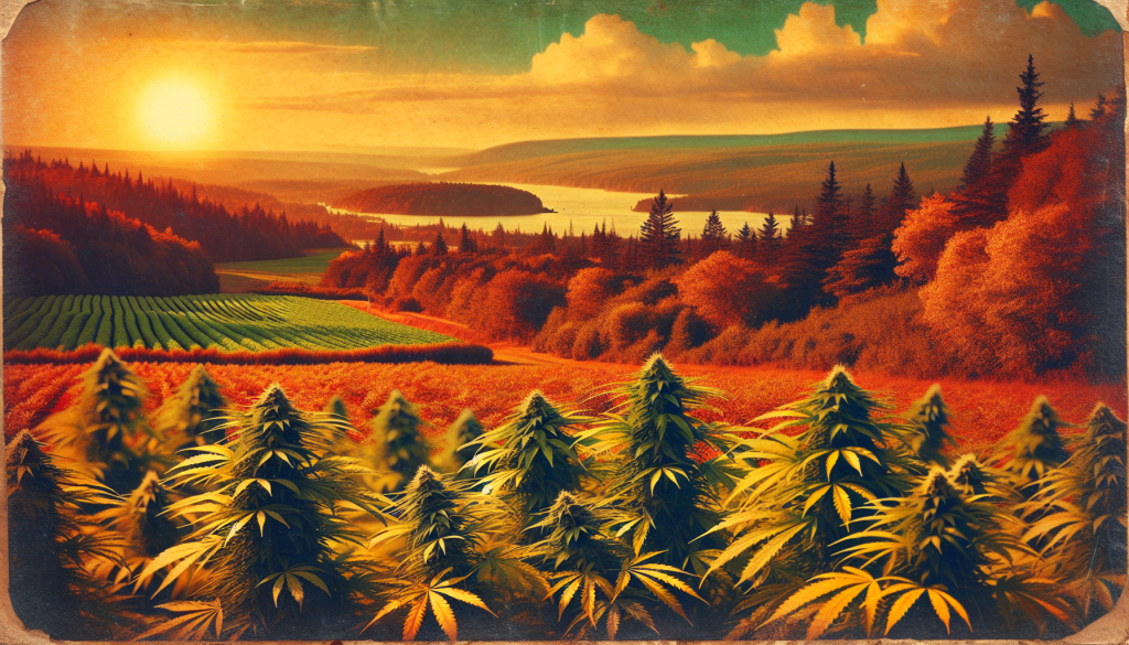 cannabis delivery in a field in the foreground with a scenic landscape of New Brunswick in the background