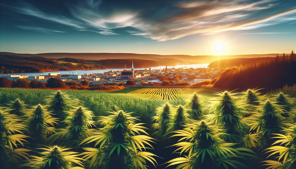 cannabis delivery in a field in the foreground with a scenic landscape of Nova Scotia in the background