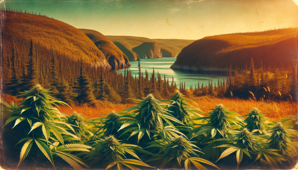 cannabis delivery in a field in the foreground with a scenic landscape of Newfoundland and Labrador in the background