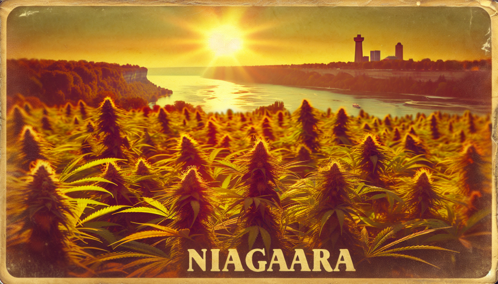 cannabis delivery in a field in the foreground with a scenic landscape of Ontario in the background