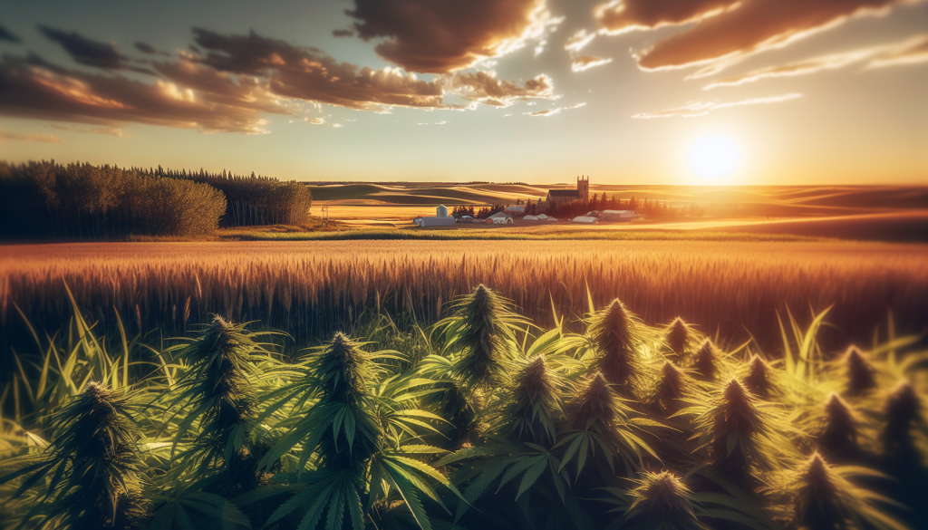 cannabis delivery in a field in the foreground with a scenic landscape of Manitoba in the background