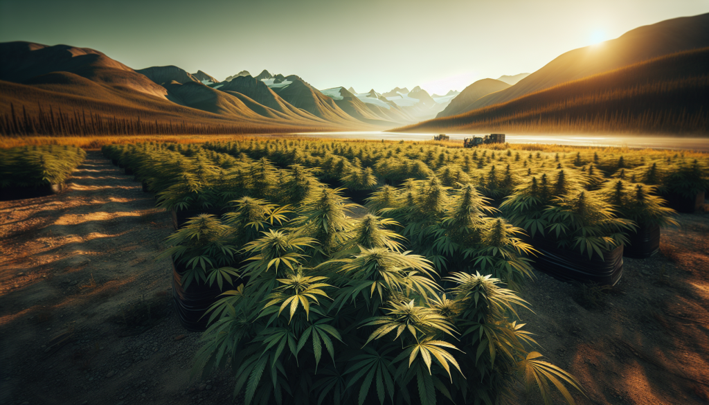 cannabis delivery in a field in the foreground with a scenic landscape of Northwest Territories in the background