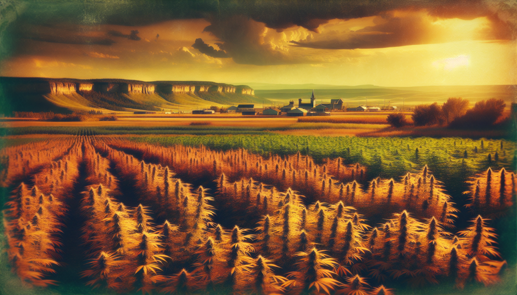 cannabis delivery in a field in the foreground with a scenic landscape of Saskatchewan in the background