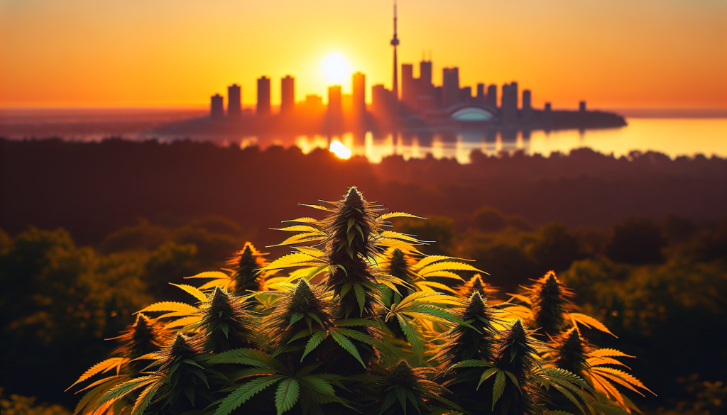 cannabis delivery in a field in the foreground with a scenic landscape of Ontario in the background