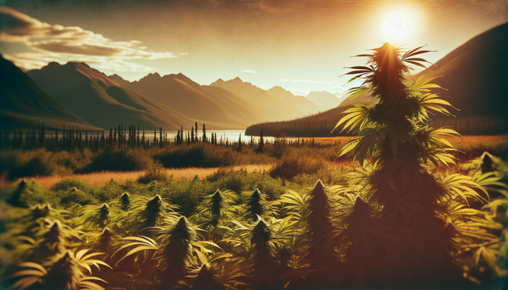 cannabis delivery in a field in the foreground with a scenic landscape of Northwest Territories in the background