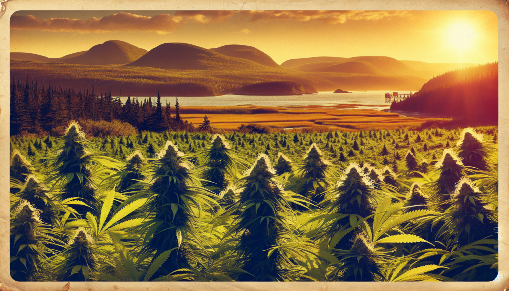 cannabis delivery in a field in the foreground with a scenic landscape of Nova Scotia in the background