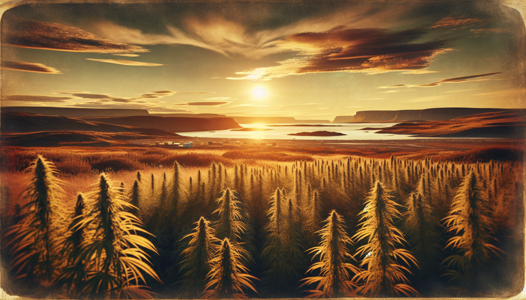 cannabis delivery in a field in the foreground with a scenic landscape of Nunavut in the background