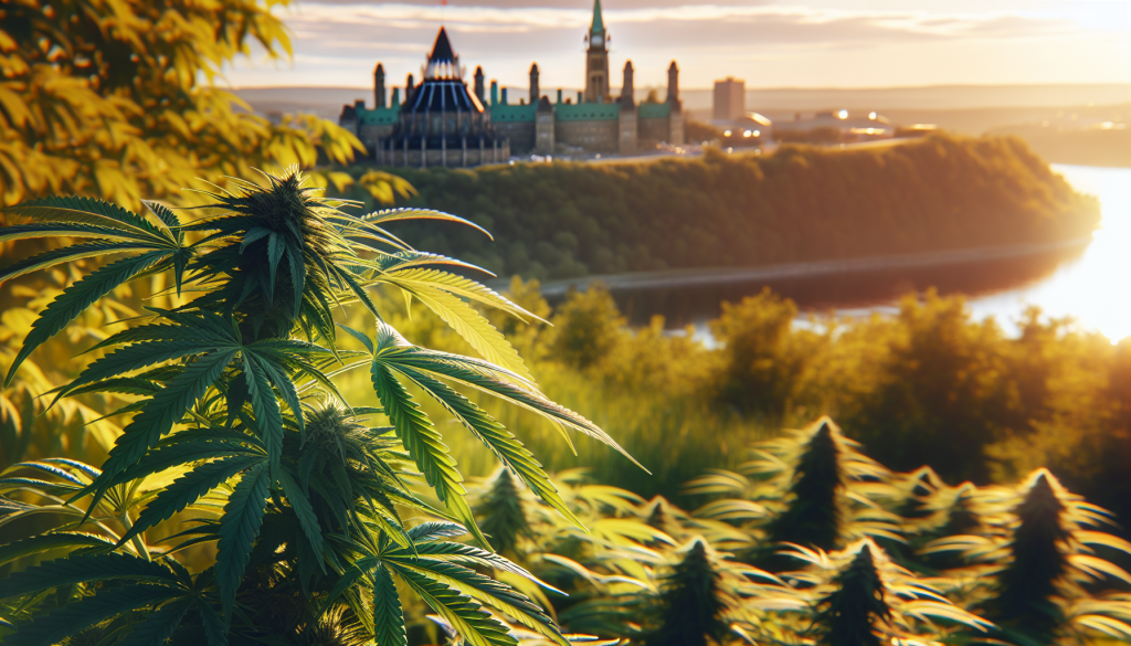 cannabis delivery in a field in the foreground with a scenic landscape of Ontario in the background
