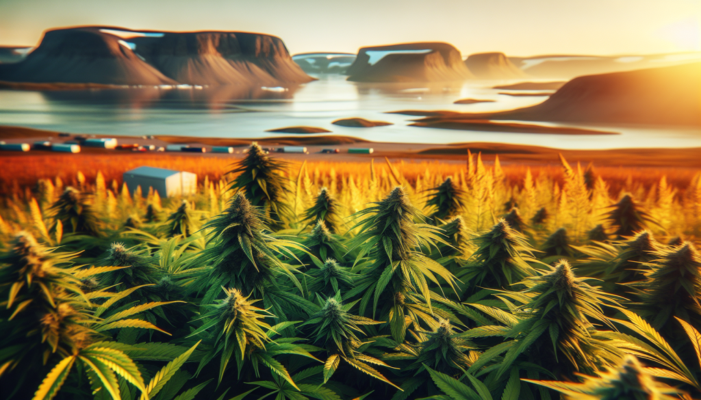 cannabis delivery in a field in the foreground with a scenic landscape of Nunavut in the background