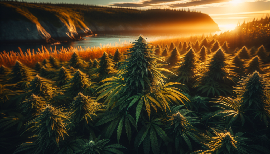 cannabis delivery in a field in the foreground with a scenic landscape of Newfoundland and Labrador in the background