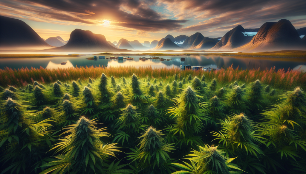 cannabis delivery in a field in the foreground with a scenic landscape of Nunavut in the background