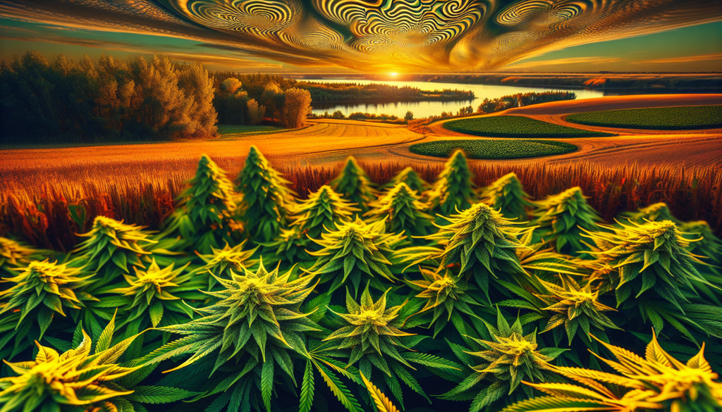 cannabis delivery in a field in the foreground with a scenic landscape of Manitoba in the background