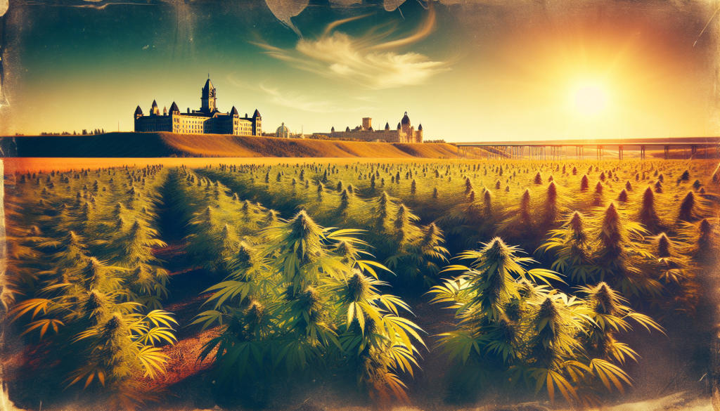 cannabis delivery in a field in the foreground with a scenic landscape of Saskatchewan in the background
