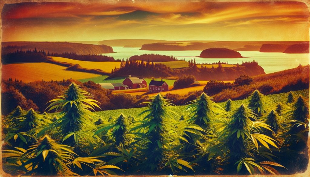 cannabis delivery in a field in the foreground with a scenic landscape of Prince Edward Island in the background