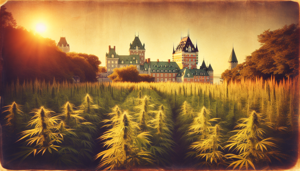 cannabis delivery in a field in the foreground with a scenic landscape of Quebec in the background